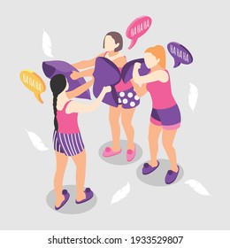 Pajama party isometric concept with girls with pillows laughing vector illustration