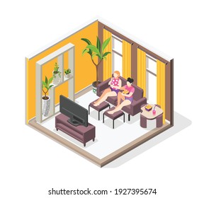 Pajama party isometric concept with two young  girls looking tv and eating sweets in home interior vector illustration