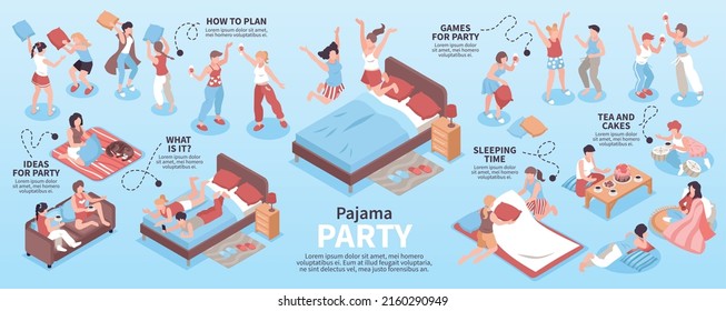 Pajama party isometric infographics with fun ideas food games happy human characters wearing pyjamas on blue background 3d vector illustration