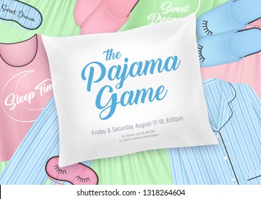 Pajama party for kids invitation template with nightwear elements and sleepover date on pillow background vector illustration