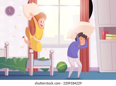 Pajama party. Kids jumping and playing with pillows exact vector cartoon activity cartoon background