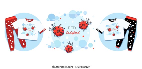 Pajama Party. Ladybird. Emblem. Cute red ladybugs on a background of the sky with clouds. Set. Sweet dreams.