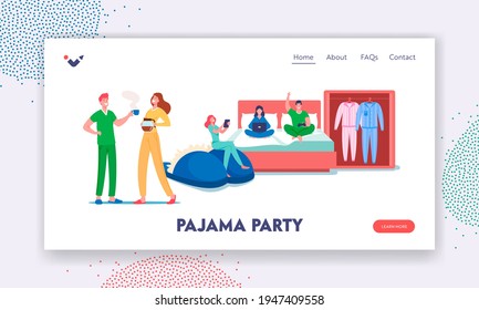 Pajama Party Landing Page Template. Characters Wearing Home Clothes, Comfortable Nightwear and Slippers Made of Natural Materials. Couple with Coffee at Morning. Cartoon People Vector Illustration