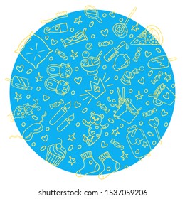 Pajama party linear concept in circle with thin line icons. Sleepover or slumber party objects in doodle style. For banners, invitation cards, stickers, design. Cute hand drawn vector illustration.