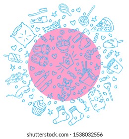 Pajama party linear concept in circle with thin line icons. Sleepover or slumber party objects in doodle style. For banners, invitation card, stickers, design. Cute hand drawn vector illustration.
