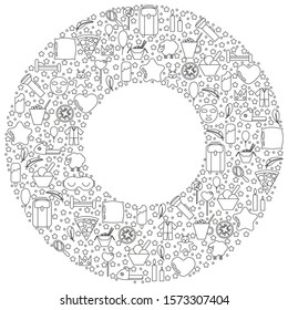 Pajama party linear concept in circle frame with space for text. Sleepover or slumber party objects isolated on a white background. For banner, poster, card, sticker design. Cute vector illustration.