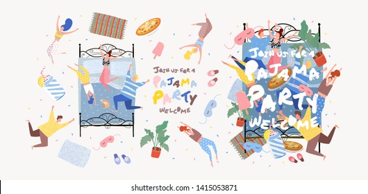 Pajama party! Objects for vector poster, cover or banner for a fun event. Painted illustration of people in pajamas on the bed in the bedroom, party invitation.