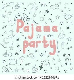 Pajama party pink hand drawn text with grey line pattern for pajama party. Vector elements for good sleep on blue background. text, lettering