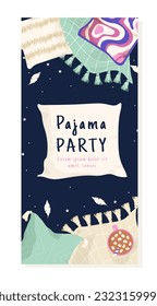 Pajama party postcard template. Party and entertainment, leisure. Multicolored pillows with feathers on background of starry sky. Rest and relax, dream. Cartoon flat vector illustration