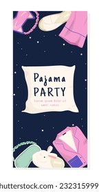 Pajama party postcard template. Sleep mask, slippers and towels, pillow. Event and party, leisure. Template, layout and mock up. Rest and relax, dream. Cartoon flat vector illustration