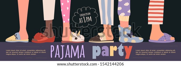 Pajama party poster with fun\
charaters. Invitation for slumber party. Editable vector\
illustration