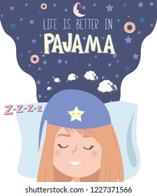 Pajama party poster with fun girl character. Invitation for slumber party. Editable vector illustration