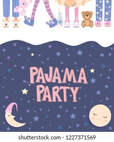 Pajama party poster with fun girls charaters. Invitation for slumber party. Editable vector illustration