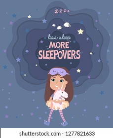 Pajama party poster with fun girls and paper cut sky. Invitation for slumber party. Editable vector illustration