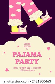 Pajama party poster invitation. Feet in unicorn slippers. Vector illustration