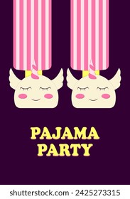 Póster de invitación de fiesta de pijama. Pies en zapatillas de unicornio. Despedida de soltera temática, fiesta de pijamas. Ilustración de vector