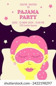 Pajama party poster invitation. Girl sleeping on a pillow wearing a sleep mask. Vector illustration