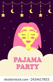 Póster de invitación de fiesta de pijama. La niña dormida está estrellada y la luna sobre su cabeza. Despedida de soltera temática, fiesta de pijamas. Ilustración de vector