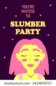 Póster de invitación de fiesta de pijama. Chica durmiente. Despedida de soltera temática, fiesta de pijamas. Ilustración de vector