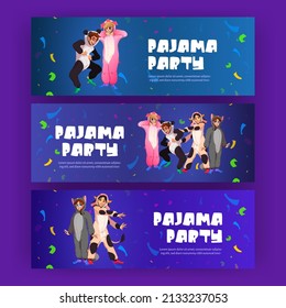 Pajama party posters with happy people in kigurumi dance at night. Vector invitation flyers with cartoon illustration of slumber party with characters in funny pyjamas and confetti