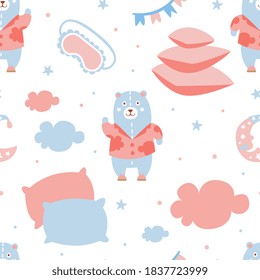 Pajama Party Seamless Pattern, Good Night, Nursery or Baby Shower Backdrop, Wallpaper, Packaging, Textile Design Cartoon Vector Illustration