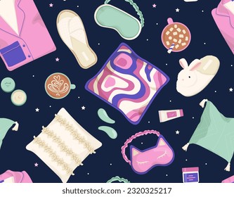 Pajama party seamless pattern. Repeating design element for printing on fabric. Pillow, sleep mask, mugs of hot drinks, coffee or tea. Slippers and cream. Cartoon flat vector illustration