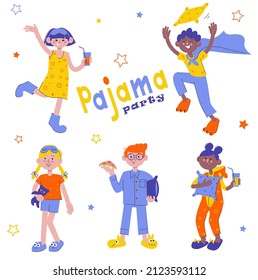 Pajama party set of girls and boys in kigurumi and jumpsuits. Flat characters celebrating holiday. Children having fun at pajama. Vector illustration for invitation