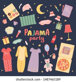 Pajama party set. Sleepover slumber party for girls. Holiday. Vector illustration in cartoon style