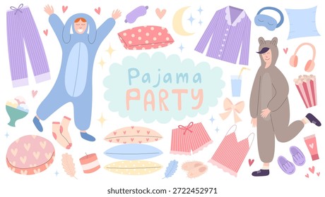 Conjunto de fiesta de pijama. Conjunto plano de fiesta de pijamas. Vector Elementos de fiesta de pijama. Almohadas, pijamas, cojines, máscara para dormir