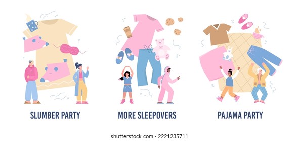 Pajama Party And Sleepover Concept, Flat Vector Illustration Isolated On White Background. Set Of Abstract Scenes Of Slumber Party. Tiny Characters In Fluffy Animal Slippers And Nightwear.