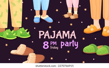 Pajama Party. Sleepover laden für Kinder Urlaub Geburtstagsnacht, Kinderfreunde Füße Pyjamas Hosen lustige Slipper Pjama glückliche Bettschlummerbeine, Hintergrund Vektorgrafik Urlaub mit Pyjama einladen