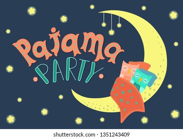 Pajama Party. Sweet charming owlets at night on the moon under starry sky. Cute vector illustration. 