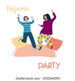 Pajama party. teenagers have fun together. Poster, flyer, banner for the event. Girlfriends in pajamas in the bedroom. vector illustration on white isolated background