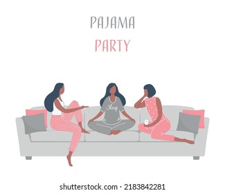 Pajama party. Three young women in pajamas are sitting on the couch and talking. Vector illustration