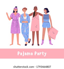 Pajama Party Vektorgrafik-Illustration.Teenager haben zusammen Spaß.Set mit süßen Mädchen.Vector junge Damen.Modische Frauen.Poster, Flaer oder Banner für Ihre Veranstaltung.Girlfriends in pajamas.