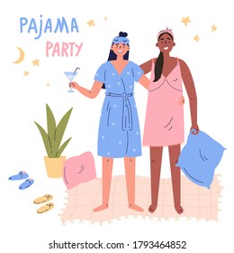 Ilustración de dibujos animados del vector del partido Pajama. Las jóvenes, las niñas, las adolescentes se divierten juntas. Afiche, pancarta o pancarta para su evento.Fiesta acogedora con cócteles en casa.Amigos en pijama en el dormitorio.