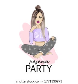 Pajama party vector illustration with beautiful young blonde woman. Poster, cover or banner for a fun event. Girl in pyjama and lettering phrase.