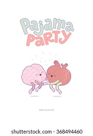 Pajama party - the vector outlined flat illustrated poster of a brain and a heart wearing pajamas jumping together holding their hands with lettering. A part of Brain collection.