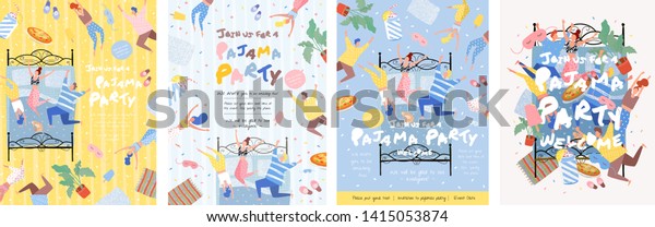 Pajama party! Vector poster, cover or banner\
for a fun event. Painted illustration of people in pajamas on the\
bed in the bedroom, party\
invitation.