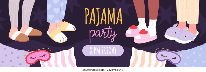 Pajama party, weekend free time background. Relaxed holidays banner, girl night sleepover. Legs wear fluffy cozy slippers, racy casual vector graphic