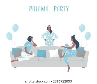 Pajama party. Young women in blue pajamas are sitting on the couch and talking. Blue balloons here. Slumber party. Vector illustration.