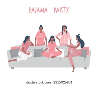 Pajama party. Young women in pajamas are sitting on the couch and talking. Some women are standing near the sofa. Slumber party. Vector illustration