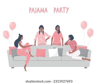 Pajama party. Young women in pajamas are sitting on the couch and talking. Some women are standing near the sofa. Pink balloons here. Slumber party. Vector illustration.