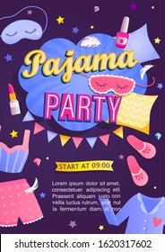 Pajama Party's Invitation Card. Night Time For Kids And Parents, Nightwear, Pillows, Fun. Poster Or Flyer For Happy Event. Birthday Celebration For Children In Pyjamas.Vector Illustration.