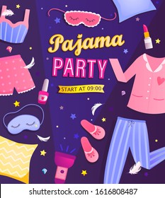 Pajama Party's Invitation Flyer. Night Time For Kids And Parents, Nightwear, Pillows, Fun. Poster For Happy Event. Birthday Celebration For Children In Pyjamas.Vector Illustration.