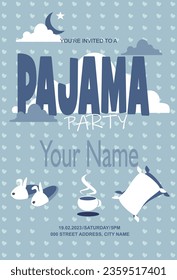 Pajama pary card, background of blue hearts, clouds, slippers, a cup of hot tea and pillows.