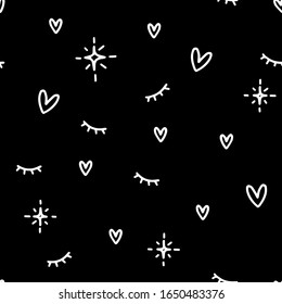 Pajama print with doodle closed eye, lashes, heart and shining star. Black and white monochrome seamless pattern with a nap time vector clipart.