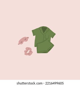 Pajama set. Sleeping mask and hair band. Sleeping set. Vector
