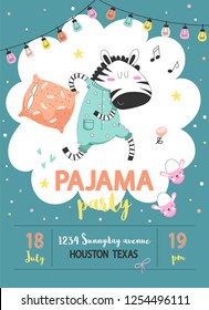 Pajama Sleepover Kids Party Invitation Card Or Poster Template With A Funny Zebra In Pajamas With A Pillow In Cartoon Style. Vector Illustration.