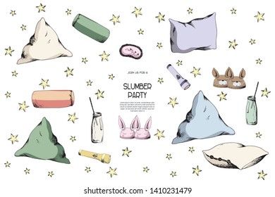 Pajama sleepover party elements kit on white background